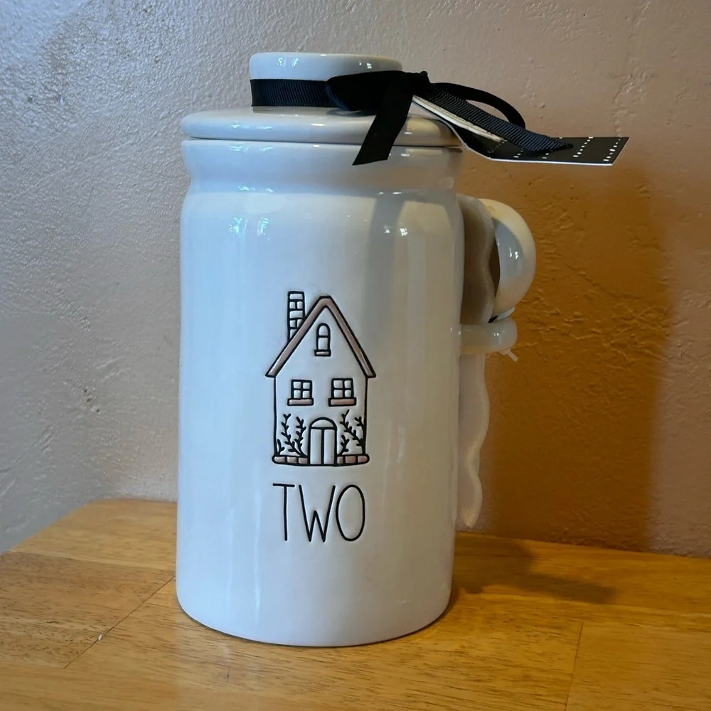 NWTS Rae Dunn “TWO” Gingerbread House Ceramic Kitchen Canister With Spoon.